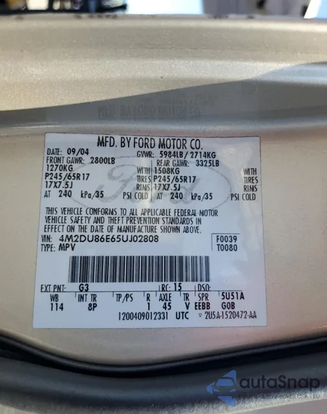 2005 Mercury Mountaineer из США, поврежденный, VIN 4M2DU86E65UJ02808